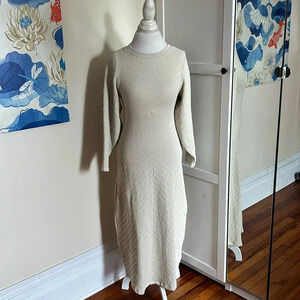 Free People Gabby Seamless Midi Textured Long Sleeve Open Back Cream Dress - M/L